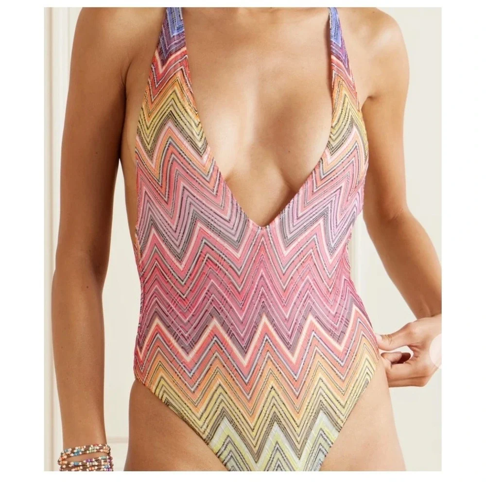 Missoni One Piece Crochet Swimsuit Zigzag Chevron Multi IT 48 MC22SP03 BR00TH